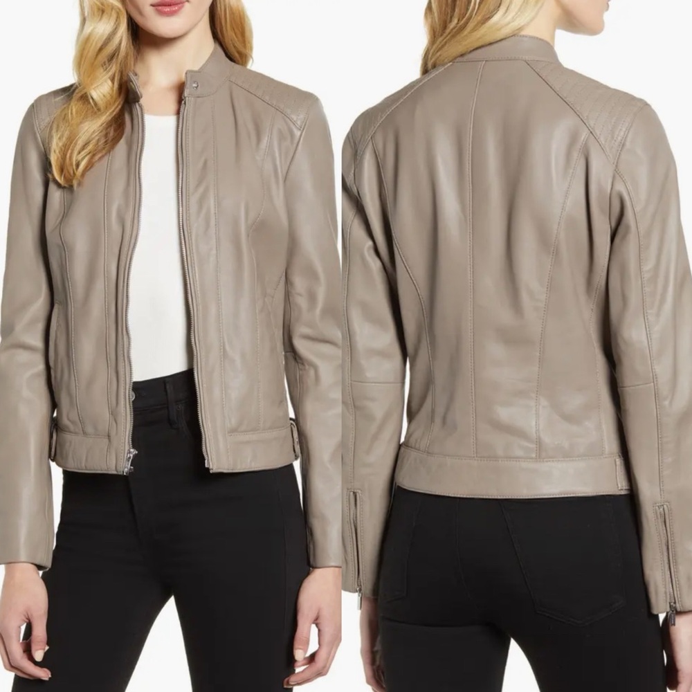 Cole Haan 100% Genuine Lambskin Leather‎ Moto Jacket Lined Biker Taupe Size M